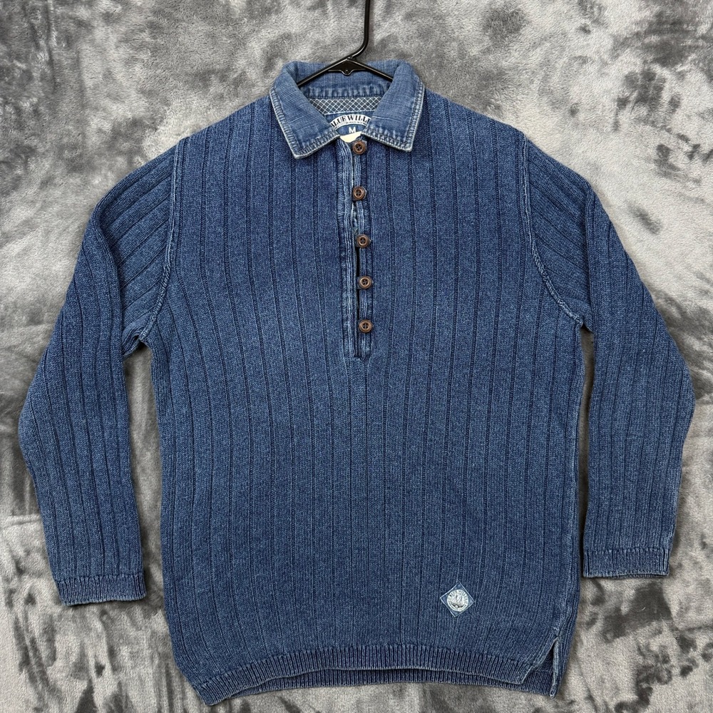 Blue Willi's Ribbed Sweater Mens M Blue Excellent Cotton Denim Look Henley